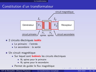 Le transformateur


 Constitution d’un transformateur


                                              I1                  I2

                                              V1                  V2

                                                  N1     N2
                                                 spires spires

         2 circuits électriques isolés
                Le primaire : l’entrée.
                Le secondaire : la sortie

         Un circuit magnétique
                Sur lequel sont bobinés les circuits électriques
                        N1 spires pour le primaire
                        N2 spires pour le secondaire
                Permet de guider le ﬂux magnétique
IUT de Montpellier (Mesures Physiques)       Le transformateur monophasé   2010–2010   15 / 36
 