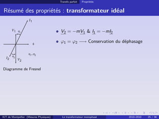 Transfo parfait   Propriétés


 Résumé des propriétés : transformateur idéal


                                         V2 = −mV1 & I1 = −mI2

                                         ϕ1 = ϕ2 −→ Conservation du déphasage




Diagramme de Fresnel




IUT de Montpellier (Mesures Physiques)    Le transformateur monophasé   2010–2010   25 / 36
 
