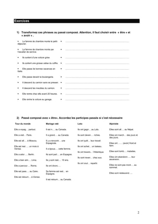 Exercices

1) Transformez ces phrases au passé composé. Attention, il faut choisir entre « être » et
« avoir » .

La femme de chambre monte le petitdéjeuner.



………………………………………………………………………………


La femme de chambre monte par
l’escalier de service.



………………………………………………………………………………



Ils sortent d’une voiture grise.



………………………………………………………………………………



Ils sortent une grosse valise du coffre.



………………………………………………………………………………


Elle passe de bonnes vacances en
Italie.



………………………………………………………………………………



Elle passe devant la boulangerie.



………………………………………………………………………………



Il descend du camion sans se presser. 

………………………………………………………………………………



Il descend les meubles du camion.



………………………………………………………………………………



Elle rentre chez elle avant 20 heures.



………………………………………………………………………………



Elle rentre la voiture au garage.



………………………………………………………………………………

2) Passé composé avec « être». Accordez les participes passés si c’est nécessaire
Tour du monde

Mariage raté

Loto

Alpiniste

Elle a voyag… partout.

Il est n…. au Canada.

Ils ont gagn… au Loto.

Elles sont all…. au Népal.

Elle a visit… Paris.

Il a grand…. au Canada.

Ils sont deven…. riches.

Elles ont march… des jours et
des jours.

Elle est all…. à Moscou.

Il y a rencontr… une
Espagnole.

Ils ont quitt… leur travail.
Ils ont achet… un bateau.

Elles ont …… (avoir) froid et
faim.

Ils ont travers… l’Atlantique.

Elles sont tomb…. malades.

Ils sont reven… chez eux.

Elles ont abandonn….. leur
ascension.

Elle est rest …. un mois à
Venise.

Il a épous…. cette femme.

Elle a ador….. Berlin.

Ils sont part…. en Espagne.

Elle a bien aim…. Lima.

Ils y sont rest…. 10 ans.

Elle a parcour…. Rome.

Ils ont divorc….

Elles ne sont pas mont…. au
sommet.

Elle est pass…. au Caire .

Sa femme est rest… en
Espagne.

Elles sont redescend…..

Ils ont voul… repartir.

Elle est retourn… à Venise.
Il est retourn… au Canada.

2

 