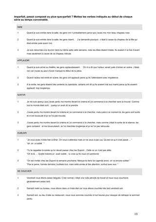 Imparfait, passé composé ou plus-que-parfait ? Mettez les verbes indiqués au début de chaque
série au temps convenable.
RIRE
1

Quand je suis entrée dans la salle, les gens ont ri probablement parce que j’avais mis mon beau chapeau rose.

2

Quand je suis entrée dans la salle, les gens riaient .

J’ai demandé pourquoi : c’était à cause du chapeau de la fille qui

était entrée juste avant moi.
3

Je suis retournée à la réunion dans la même salle cette semaine, mais les têtes étaient tristes. Ils avaient ri la fois d’avant
mais seulement à cause de ce chapeau ridicule.

APPLAUDIR
1

Quand je suis arrivé au théâtre, les gens applaudissaient .

On m’a dit que l’acteur venait juste d’entrer en scène. J’étais

ravi car j’avais eu peur d’avoir manqué le début de la pièce.
2

Quand l’acteur est entré en scène, les gens ont applaudi parce qu’ils l’attendaient avec impatience.

3

A la sortie, les gens étaient très contents du spectacle. certains ont dit qu’ils avaient mal aux mains parce qu’ils avaient
applaudi trop longtemps.

SORTIR
1

Je me suis aperçu que j’avais perdu ma montre devant le cinéma et j’ai commencé à la chercher sans la trouver. Comme
tout le monde était sorti , quelqu’un avait dû la prendre

2

J’avais perdu ma montre devant le cinéma et j’ai commencé à la chercher, mais juste à ce moment-là, les gens sont sortis
et m’ont bousculé et je ne l’ai pas trouvée.

3

J’avais perdu ma montre devant le cinéma et j’ai commencé à la chercher, mais comme c’était la sortie de la séance, les
gens sortaient et me bousculaient. Je l’ai cherchée longtemps et je ne l’ai pas retrouvée.

OUBLIER
1

“Je vous avais invités hier à dîner. On vous a attendus mais on ne vous a pas vus. Qu’est-ce qu’il s’est passé ... “
“oh, on a oublié “

2

“Tu te rappelles la soirée qu’on devait passer chez les Dupont ...Celle où on n’est pas allés.
“Oh là là .... Quelle histoire,on avait oublié , tu crois qu’ils nous ont pardonné

3

“On est invités chez les Dupont la semaine prochaine. Marque-le dans ton agenda sinon, on va encore oublier.”
“Pas la peine, l’année dernière j’oubliais tout, mais cette année je fais attention, surtout avec eux. “

SE COUCHER
1

Vendredi nous étions assez fatigués. C’est normal, c’était une rude période de travail et nous nous couchions
généralement assez tard.

2

Samedi matin au bureau, nous étions dans un triste état car nous étions couchés très tard vendredi soir.

3

Samedi soir, au lieu d’aller au restaurant, nous nous sommes couchés à huit heures pour essayer de rattraper le sommeil
perdu.

10

 