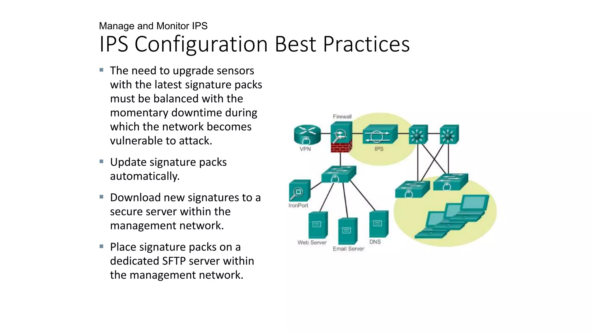 Manage and Monitor IPS
IPS Configuration Best Practices
 The need to upgrade sensors
with the latest signature packs
must be balanced with the
momentary downtime during
which the network becomes
vulnerable to attack.
 Update signature packs
automatically.
 Download new signatures to a
secure server within the
management network.
 Place signature packs on a
dedicated SFTP server within
the management network.
 