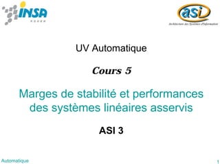 1Automatique
Marges de stabilité et performances
des systèmes linéaires asservis
UV Automatique
ASI 3
Cours 5
 