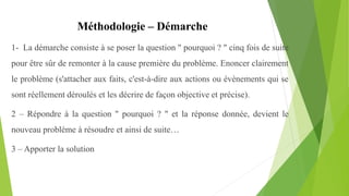 Méthodologie – Démarche
1- La démarche consiste à se poser la question " pourquoi ? " cinq fois de suite
pour être sûr de remonter à la cause première du problème. Enoncer clairement
le problème (s'attacher aux faits, c'est-à-dire aux actions ou évènements qui se
sont réellement déroulés et les décrire de façon objective et précise).
2 – Répondre à la question " pourquoi ? " et la réponse donnée, devient le
nouveau problème à résoudre et ainsi de suite…
3 – Apporter la solution
 