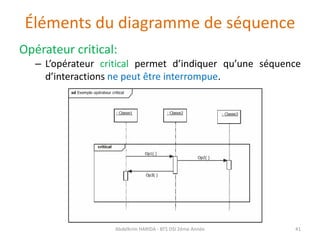 Éléments du diagramme de séquence
Opérateur critical:
– L’opérateur critical permet d’indiquer qu’une séquence
d’interactions ne peut être interrompue.
Abdelkrim HARIDA - BTS DSI 2éme Année 41
 