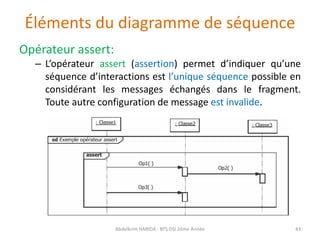 Éléments du diagramme de séquence
Opérateur assert:
– L’opérateur assert (assertion) permet d’indiquer qu’une
séquence d’interactions est l’unique séquence possible en
considérant les messages échangés dans le fragment.
Toute autre configuration de message est invalide.
Abdelkrim HARIDA - BTS DSI 2éme Année 43
 