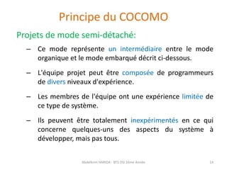 Principe du COCOMO
Projets de mode semi-détaché:
– Ce mode représente un intermédiaire entre le mode
organique et le mode embarqué décrit ci-dessous.
– L'équipe projet peut être composée de programmeurs
de divers niveaux d'expérience.
– Les membres de l'équipe ont une expérience limitée de
ce type de système.
– Ils peuvent être totalement inexpérimentés en ce qui
concerne quelques-uns des aspects du système à
développer, mais pas tous.
Abdelkrim HARIDA - BTS DSI 2éme Année 14
 
