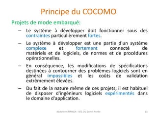 Principe du COCOMO
Projets de mode embarqué:
– Le système à développer doit fonctionner sous des
contraintes particulièrement fortes.
– Le système à développer est une partie d'un système
complexe et fortement connecté de
matériels et de logiciels, de normes et de procédures
opérationnelles.
– En conséquence, les modifications de spécifications
destinées à contourner des problèmes logiciels sont en
général impossibles et les coûts de validation
extrêmement élevées.
– Du fait de la nature même de ces projets, il est habituel
de disposer d'ingénieurs logiciels expérimentés dans
le domaine d'application.
Abdelkrim HARIDA - BTS DSI 2éme Année 15
 