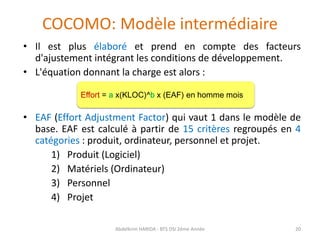 COCOMO: Modèle intermédiaire
• Il est plus élaboré et prend en compte des facteurs
d'ajustement intégrant les conditions de développement.
• L'équation donnant la charge est alors :
• EAF (Effort Adjustment Factor) qui vaut 1 dans le modèle de
base. EAF est calculé à partir de 15 critères regroupés en 4
catégories : produit, ordinateur, personnel et projet.
1) Produit (Logiciel)
2) Matériels (Ordinateur)
3) Personnel
4) Projet
Abdelkrim HARIDA - BTS DSI 2éme Année 20
 
