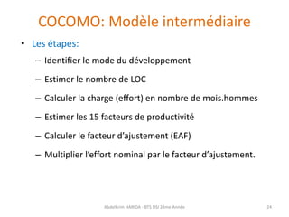 COCOMO: Modèle intermédiaire
• Les étapes:
– Identifier le mode du développement
– Estimer le nombre de LOC
– Calculer la charge (effort) en nombre de mois.hommes
– Estimer les 15 facteurs de productivité
– Calculer le facteur d’ajustement (EAF)
– Multiplier l’effort nominal par le facteur d’ajustement.
Abdelkrim HARIDA - BTS DSI 2éme Année 24
 
