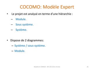 COCOMO: Modèle Expert
• Le projet est analysé en terme d'une hiérarchie :
– Module.
– Sous système.
– Système.
• Dispose de 2 diagrammes:
– Système / sous-système.
– Module.
Abdelkrim HARIDA - BTS DSI 2éme Année 26
 