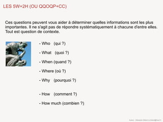 LES 5W+2H (OU QQOQP+CC)


Ces questions peuvent vous aider à déterminer quelles informations sont les plus
importantes. Il ne s'agit pas de répondre systématiquement à chacune d'entre elles.
Tout est question de contexte.

                  - Who (qui ?)

                  - What (quoi ?)

                  - When (quand ?)

                  - Where (où ?)

                  - Why (pourquoi ?)


                  - How (comment ?)

                  - How much (combien ?)


                                                                   Auteur : Sébastien Billard (s.billard@free.fr)
 