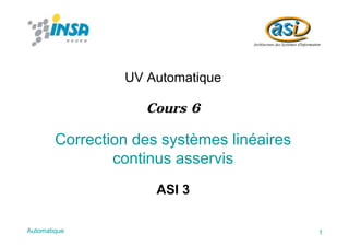 1Automatique
Correction des systèmes linéaires
continus asservis
UV Automatique
ASI 3
Cours 6
 