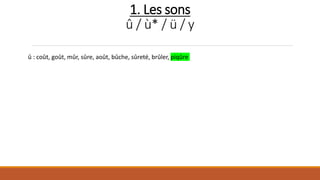1. Les sons
û / ù* / ü / y
û : coût, goût, mûr, sûre, août, bûche, sûreté, brûler, piqûre
 