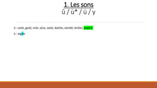 1. Les sons
û / ù* / ü / y
û : coût, goût, mûr, sûre, août, bûche, sûreté, brûler, piqûre
ü : aigüe
 