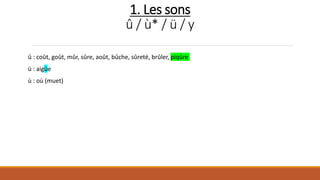 1. Les sons
û / ù* / ü / y
û : coût, goût, mûr, sûre, août, bûche, sûreté, brûler, piqûre
ü : aigüe
ù : où (muet)
 