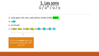 1. Les sons
û / ù* / ü / y
û : coût, goût, mûr, sûre, août, bûche, sûreté, brûler, piqûre
ü : aigüe
ù : où (muet)
y : voyage, yoga, aboyer, foyer, analyser, Lyne, pays, il y a
S’il y a une voyelle après le y,
le son est le même que « ill ».
(cours 4)
 