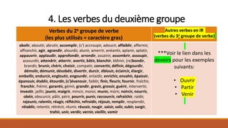 4. Les verbes du deuxième groupe
Verbes du 2e groupe de verbe
(les plus utilisés = caractère gras)
Autres verbes en IR
(verbes du 3e groupe de verbe)
abolir, aboutir, abrutir, accomplir, (s') accroupir, adoucir, affaiblir, affermir,
affranchir, agir, agrandir, alourdir, alunir, amerrir, anéantir, aplanir, aplatir,
appauvrir, applaudir, approfondir, arrondir, assainir, assombrir, assoupir,
assourdir, attendrir, atterrir, avertir, bâtir, blanchir, blêmir, (re)bondir,
brandir, brunir, chérir, choisir, compatir, convertir, définir, dégourdir,
démolir, démunir, désobéir, divertir, durcir, éblouir, éclaircir, élargir,
embellir, endurcir, engloutir, engourdir, enlaidir, enrichir, envahir, épaissir,
épanouir, établir, étourdir, (s')évanouir, faiblir, finir, fleurir, fournir, fraîchir,
franchir, frémir, garantir, gémir, grandir, gravir, grossir, guérir, intervertir,
investir, jaillir, jaunir, maigrir, mincir, moisir, munir, mûrir, noircir, nourrir,
obéir, obscurcir, pâlir, périr, pourrir, punir, raccourcir, rafraîchir, raidir,
rajeunir, ralentir, réagir, réfléchir, refroidir, réjouir, remplir, resplendir,
rétablir, retentir, rétrécir, réunir, réussir, rougir, saisir, salir, subir, surgir,
trahir, unir, verdir, vernir, vieillir, vomir
***Voir le lien dans les
devoirs pour les exemples
suivants:
• Ouvrir
• Partir
• Venir
 