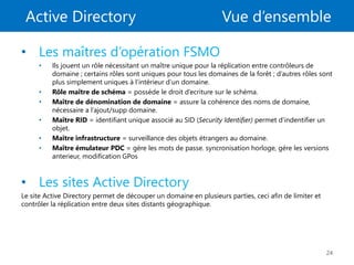 Active Directory Vue d’ensemble
24
• Les maîtres d’opération FSMO
• Ils jouent un rôle nécessitant un maître unique pour la réplication entre contrôleurs de
domaine ; certains rôles sont uniques pour tous les domaines de la forêt ; d’autres rôles sont
plus simplement uniques à l’intérieur d’un domaine.
• Rôle maître de schéma = posséde le droit d’ecriture sur le schéma.
• Maître de dénomination de domaine = assure la cohérence des noms de domaine,
nécessaire a l’ajout/supp domaine.
• Maître RID = identifiant unique associé au SID (Security Identifier) permet d’indentifier un
objet.
• Maître infrastructure = surveillance des objets étrangers au domaine.
• Maître émulateur PDC = gére les mots de passe. syncronisation horloge, gére les versions
anterieur, modification GPos
• Les sites Active Directory
Le site Active Directory permet de découper un domaine en plusieurs parties, ceci afin de limiter et
contrôler la réplication entre deux sites distants géographique.
 