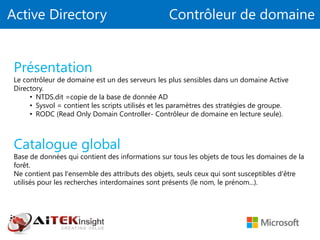 Active Directory Contrôleur de domaine
Présentation
Le contrôleur de domaine est un des serveurs les plus sensibles dans un domaine Active
Directory.
• NTDS.dit =copie de la base de donnée AD
• Sysvol = contient les scripts utilisés et les paramètres des stratégies de groupe.
• RODC (Read Only Domain Controller- Contrôleur de domaine en lecture seule).
Catalogue global
Base de données qui contient des informations sur tous les objets de tous les domaines de la
forêt.
Ne contient pas l'ensemble des attributs des objets, seuls ceux qui sont susceptibles d'être
utilisés pour les recherches interdomaines sont présents (le nom, le prénom...).
 