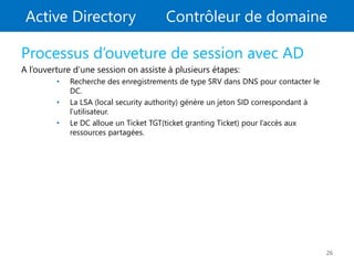 Active Directory Contrôleur de domaine
26
Processus d’ouveture de session avec AD
A l’ouverture d’une session on assiste à plusieurs étapes:
• Recherche des enregistrements de type SRV dans DNS pour contacter le
DC.
• La LSA (local security authority) génère un jeton SID correspondant à
l’utilisateur.
• Le DC alloue un Ticket TGT(ticket granting Ticket) pour l’accès aux
ressources partagées.
 