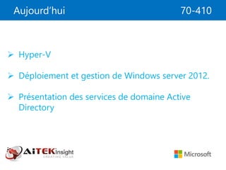 Aujourd’hui 70-410
 Hyper-V
 Déploiement et gestion de Windows server 2012.
 Présentation des services de domaine Active
Directory
 