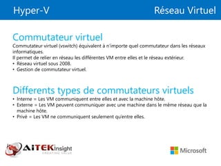 Hyper-V Réseau Virtuel
Commutateur virtuel
Commutateur virtuel (vswitch) équivalent à n’importe quel commutateur dans les réseaux
informatiques.
Il permet de relier en réseau les différentes VM entre elles et le réseau extérieur.
• Réseau virtuel sous 2008.
• Gestion de commutateur virtuel.
Differents types de commutateurs virtuels
• Interne = Les VM communiquent entre elles et avec la machine hôte.
• Externe = Les VM peuvent communiquer avec une machine dans le même réseau que la
machine hôte.
• Privé = Les VM ne communiquent seulement qu’entre elles.
 