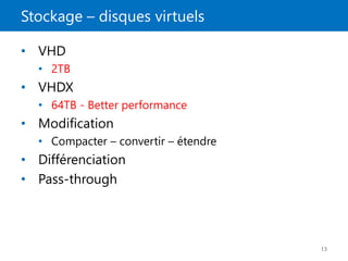 Stockage – disques virtuels
13
• VHD
• 2TB
• VHDX
• 64TB - Better performance
• Modification
• Compacter – convertir – étendre
• Différenciation
• Pass-through
 