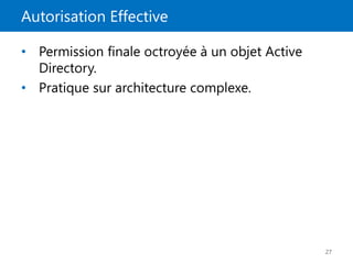 Autorisation Effective
27
• Permission finale octroyée à un objet Active
Directory.
• Pratique sur architecture complexe.
 
