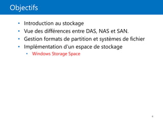 Objectifs
4
• Introduction au stockage
• Vue des différences entre DAS, NAS et SAN.
• Gestion formats de partition et systèmes de fichier
• Implémentation d’un espace de stockage
• Windows Storage Space
 
