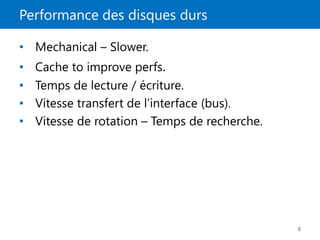 Performance des disques durs
8
• Mechanical – Slower.
• Cache to improve perfs.
• Temps de lecture / écriture.
• Vitesse transfert de l’interface (bus).
• Vitesse de rotation – Temps de recherche.
 