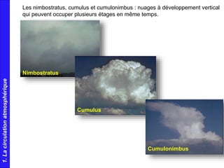 Les nimbostratus, cumulus et cumulonimbus : nuages à développement vertical
qui peuvent occuper plusieurs étages en même temps.
Nimbostratus
Cumulus
Cumulonimbus
1.Lacirculationatmosphérique
 