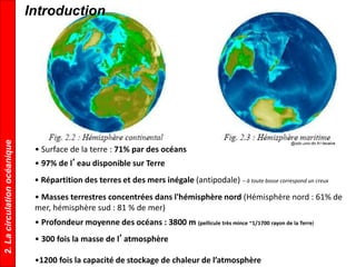 @isitv.univ-tln.fr/~lecalve
Introduction2.Lacirculationocéanique
• Surface de la terre : 71% par des océans
• Répartition des terres et des mers inégale (antipodale) – à toute bosse correspond un creux
• Masses terrestres concentrées dans l'hémisphère nord (Hémisphère nord : 61% de
mer, hémisphère sud : 81 % de mer)
• Profondeur moyenne des océans : 3800 m (pellicule très mince ~1/1700 rayon de la Terre)
• 300 fois la masse de l’atmosphère
•1200 fois la capacité de stockage de chaleur de l’atmosphère
• 97% de l’eau disponible sur Terre
 