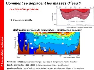 Distribution verticale de température – stratification des eaux
@isitv.univ-tln.fr/~lecalve
Pomerol et al. (2005) – Éléments de Géologie, Dunod
La circulation profonde
Comment se déplacent les masses d’eau ?
Couche de surface (ou couche de mélange) : 50 à 200 m (températures ~ celles de surface
Couche thermocline : 200 à 1000 m (température décroît avec la profondeur)
Couche profonde : jusqu'au fond, caractérisée par des températures faibles et homogènes
 L’océan est stratifié
2.Lacirculationocéanique
 