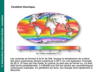 Les cyclones se forment à la fin de l'été, lorsque la température de surface
des eaux océaniques devient supérieure à 26°C sur une épaisseur minimale
de 50 m. Si l'eau est trop froide, le cyclone ne peut pas se former ou, s'il était
déjà formé préalablement, il s'affaiblit puis finit par perdre ses caractéristiques
cycloniques tropicales. En pénétrant sur terre, son énergie tend rapidement à
décroître.
Condition thermique.
3.InteractionsAtmosphère-Océan:exemples
 