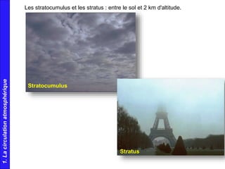Les stratocumulus et les stratus : entre le sol et 2 km d'altitude.
Stratocumulus
Stratus
1.Lacirculationatmosphérique
 