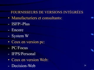 24
FOURNISSEURS DE VERSIONS INTÉGRÉES
• Manufacturiers et consultants:
- ISFP/-Plus
- Encore
- System W
• Ceux en version pc:
- PC/Focus
- IFPS/Personal
• Ceux en version Web:
- Decision-Web
 