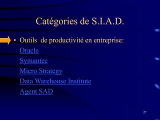 27
Catégories de S.I.A.D.
• Outils de productivité en entreprise:
Oracle
Symantec
Micro Strategy
Data Warehouse Institute
Agent SAD
 