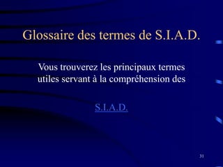 31
Glossaire des termes de S.I.A.D.
Vous trouverez les principaux termes
utiles servant à la compréhension des
S.I.A.D.
 