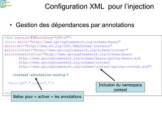 Configuration XML pour l’injection
• Gestion des dépendances par annotations
<?xml version="
1.0"encoding="UTF-8"?>
<beans xmlns="http://www.springframework.org/schema/beans"
xmlns:xsi="http://www.w3.org/2001/XMLSchema-instance"
xmlns:context="http://www.springframework.org/schema/context"
xsi:schemaLocation="http://www.springframework.org/schema/beans
http://www.springframework.org/schema/beans/spring-beans.xsd
http://www.springframework.org/schema/context
http://www.springframework.org/schema/context/spring-context.xsd">
<context:annotation-config />
<bean id="..." class="..." />
</beans>
Balise pour « activer » les annotations
Inclusion du namespace
context
 