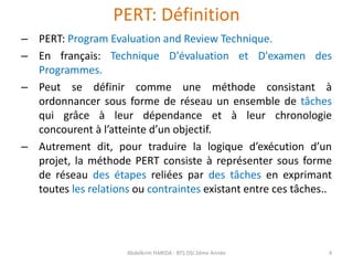 PERT: Définition
– PERT: Program Evaluation and Review Technique.
– En français: Technique D'évaluation et D'examen des
Pr...