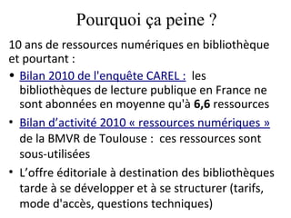 Pourquoi ça peine ?
10 ans de ressources numériques en bibliothèque
et pourtant :
• Bilan 2010 de l'enquête CAREL : les
  bibliothèques de lecture publique en France ne
  sont abonnées en moyenne qu'à 6,6 ressources
• Bilan d’activité 2010 « ressources numériques »
  de la BMVR de Toulouse : ces ressources sont
  sous-utilisées
• L’offre éditoriale à destination des bibliothèques
  tarde à se développer et à se structurer (tarifs,
  mode d'accès, questions techniques)
 
