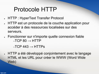 Protocole HTTP
● HTTP : HyperText Transfer Protocol
● HTTP est un protocole de la couche application pour
accéder à des ressources localisées sur des
serveurs.
● Fonctionner sur n'importe quelle connexion fiable
–TCP 80 → HTTP
–TCP 443 → HTTPs
● HTTP a été développé conjointement avec le langage
HTML et les URL pour créer le WWW (Word Wide
Web)
 