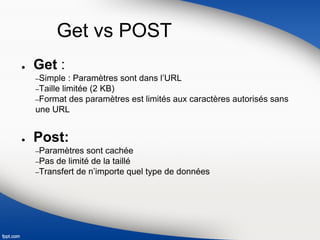 Get vs POST
● Get :
–Simple : Paramètres sont dans l’URL
–Taille limitée (2 KB)
–Format des paramètres est limités aux caractères autorisés sans
une URL
● Post:
–Paramètres sont cachée
–Pas de limité de la taillé
–Transfert de n’importe quel type de données
 