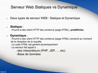 Serveur Web Statiques vs Dynamique
● Deux types de serveur WEB : Statique et Dynamique
● Statique :
–Fournit à des client HTTP des contenus (page HTML), prédéfinies
● Dynamique :
–Fournit à des client HTTP des contenus (page HTML) construit au moment
de la réception de la requête
–Le code HTML est généré dynamiquement
–Le serveur fait appel à
–des interpréteurs (PHP, JSP, … etc)
–Base de données
 