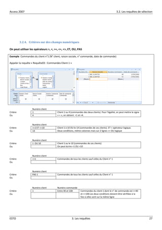 Access 2007 3.2. Les requêtes de sélection
ESTO 3. Les requêtes 27
3.2.4. Critères sur des champs numériques
On peut utiliser les opérateurs >, <, >=, <=, <>, ET, OU, PAS
Exemple Commandes du client n°1 (N° client, raison sociale, n° commande, date de commande)
Appeler la requête « Requête03 : Commandes Client 1 »
Numéro client
Critère 1 Client 1 ou 4 (commandes des deux clients). Pour l’égalité, on peut mettre le signe
« = », on obtient =1 et =4.Ou 4
Numéro client
Critère >=1 ET <=10 Client 1 à 10 OU le 14 (commandes de ces clients). ET = opérateur logique.
Deux conditions, même colonnes mais sur 2 lignes => OU logiqueOu 14
Numéro client
Critère 1 OU 10 Client 1 ou le 10 (commandes de ces clients)
On peut écrire =1 OU =10Ou
Numéro client
Critère <>1 Commandes de tous les clients sauf celles du Client n° 1
Ou
Numéro client
Critère PAS 1 Commandes de tous les clients sauf celles du Client n° 1
Ou
Numéro client Numéro commande
Critère 1 Entre 40 et 100 Commandes du client 1 dont le n° de commande est >=40
et <=100.Les deux conditions doivent être vérifiées à la
fois si elles sont sur la même ligne
Ou
 