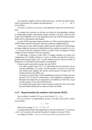 Les caractères, appelés symboles alphanumériques, incluent les lettres majus-
cules et minuscules, les symboles de ponctuation (& ~ , . ; # " - etc...),
et les chiffres.
     Un texte, ou chaîne de caractères, sera représenté comme une suite de carac-
tères.
     Le codage des caractères est fait par une table de correspondance indicant
la conﬁguration binaire représentant chaque caractère. Les deux codes les plus
connus sont l’EBCDIC (en voie de disparition) et le code ASCII (American Stan-
dard Code for Information Interchange).
     Le code ASCII représente chaque caractère sur 7 bits (on parle parfois de code
ASCII étendu, utilisant 8 bits pour coder des caractères supplémentaires).
     Notons que le code ASCII original, déﬁni pour les besoins de l’informatique
en langue anglaise) ne permet la représentation des caractère accentués (é, è, à, ù,
...), et encore moins des caractères chinois ou arabes. Pour ces langues, d’autres
codages existent, utilisant 16 bits par caractères.
     La table page 16 donne le code ASCII. A chaque caractère est associé une
conﬁguration de 8 chiffres binaires (1 octet), le chiffre de poids fort (le plus à
gauche) étant toujours égal à zero. La table indique aussi les valeurs en base 10
(décimal) et 16 (hexadécimal) du nombre correspondant.
     Plusieurs points importants à propos du code ASCII :
     – Les codes compris entre 0 et 31 ne représentent pas des caractères, ils ne
        sont pas afﬁchables. Ces codes, souvent nommés caractères de contrôles
        sont utilisés pour indiquer des actions comme passer à la ligne (CR, LF),
        émettre un bip sonore (BEL), etc.
     – Les lettres se suivent dans l’ordre alphabétique (codes 65 à 90 pour les ma-
        juscules, 97 à 122 pour les minuscules), ce qui simpliﬁe les comparaisons.
     – On passe des majuscules au minuscules en modiﬁant le 5ième bit, ce qui
        revient à ajouter 32 au code ASCII décimal.
     – Les chiffres sont rangés dans l’ordre croissant (codes 48 à 57), et les 4 bits
        de poids faibles déﬁnissent la valeur en binaire du chiffre.


1.2.5    Représentation des nombres réels (norme IEEE)
   Soit à codiﬁer le nombre 3,25, qui s’écrit en base 2 (11, 01)2 .
   On va normaliser la représentation en base 2 de telle sorte qu’elle s’écrive
sous la forme
                                  1, ... x 2n

    Dans notre exemple 11, 01 = 1, 101 x 21
    La représentation IEEE code séparément le signe du nombre (ici +), l’exposant
n (ici 1), et la mantisse (la suite de bits après la virgule), le tout sur 32 bits.
    Le codage a la forme : seeeeeeeemmmmmmmmmmmmmmmmmmmmmmm.
 