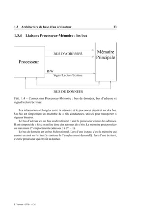 1.3 Architecture de base d’un ordinateur                                               23

1.3.4 Liaisons Processeur-Mémoire : les bus



                                  BUS D’ADRESSES                       Mémoire
                                                                       Principale
     Processeur
                            R/W
                                  Signal Lecture/Ecriture




                                  BUS DE DONNEES
F IG . 1.4 – Connexions Processeur-Mémoire : bus de données, bus d’adresse et
signal lecture/écriture.

     Les informations échangées entre la mémoire et le processeur circulent sur des bus.
Un bus est simplement un ensemble de n ﬁls conducteurs, utilisés pour transporter n
signaux binaires.
     Le bus d’adresse est un bus unidirectionnel : seul le processeur envoie des adresses.
Il est composé de a ﬁls ; on utilise donc des adresses de a bits. La mémoire peut posséder
au maximum 2a emplacements (adresses 0 à 2a − 1).
     Le bus de données est un bus bidirectionnel. Lors d’une lecture, c’est la mémoire qui
envoie un mot sur le bus (le contenu de l’emplacement demandé) ; lors d’une écriture,
c’est le processeur qui envoie la donnée.




E. Viennet - GTR - v1.2d
 