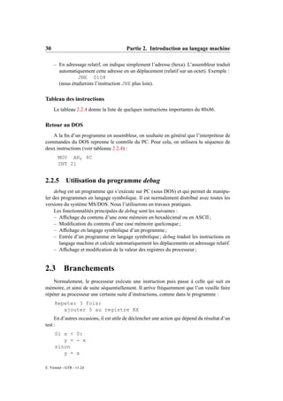 30                                      Partie 2. Introduction au langage machine

     – En adressage relatif, on indique simplement l’adresse (hexa). L’assembleur traduit
       automatiquement cette adresse en un déplacement (relatif sur un octet). Exemple :
                JNE 0108
       (nous étudierons l’instruction JNE plus loin).


Tableau des instructions
     Le tableau 2.2.4 donne la liste de quelques instructions importantes du 80x86.


Retour au DOS
   A la ﬁn d’un programme en assembleur, on souhaite en général que l’interpréteur de
commandes du DOS reprenne le contrôle du PC. Pour cela, on utilisera la séquence de
deux instructions (voir tableauu 2.2.4) :
       MOV AH, 4C
       INT 21


2.2.5 Utilisation du programme debug
     debug est un programme qui s’exécute sur PC (sous DOS) et qui permet de manipu-
ler des programmes en langage symbolique. Il est normalement distribué avec toutes les
versions du système MS/DOS. Nous l’utiliserons en travaux pratiques.
     Les fonctionnalités principales de debug sont les suivantes :
     – Afﬁchage du contenu d’une zone mémoire en hexadécimal ou en ASCII ;
     – Modiﬁcation du contenu d’une case mémoire quelconque ;
     – Afﬁchage en langage symbolique d’un programme ;
     – Entrée d’un programme en langage symbolique ; debug traduit les instructions en
       langage machine et calcule automatiquement les déplacements en adressage relatif.
     – Afﬁchage et modiﬁcation de la valeur des registres du processeur ;


2.3        Branchements
    Normalement, le processeur exécute une instruction puis passe à celle qui suit en
mémoire, et ainsi de suite séquentiellement. Il arrive fréquemment que l’on veuille faire
répéter au processeur une certaine suite d’instructions, comme dans le programme :
     Repeter 3 fois:
        ajouter 5 au registre BX
     En d’autres occasions, il est utile de déclencher une action qui dépend du résultat d’un
test :
     Si x < 0:
        y = - x
     sinon
        y = x

E. Viennet - GTR - v1.2d
 