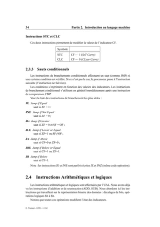 34                                       Partie 2. Introduction au langage machine

Instructions STC et CLC
     Ces deux instructions permettent de modiﬁer la valeur de l’indicateur CF.

                            Symbole
                            STC          CF ← 1 (SeT Carry)
                            CLC          CF ← 0 (CLear Carry)


2.3.3       Sauts conditionnels
    Les instructions de branchements conditionnels effectuent un saut (comme JMP) si
une certaine condition est vériﬁée. Si ce n’est pas le cas, le processeur passe à l’instruction
suivante (l’instruction ne fait rien).
    Les conditions s’expriment en fonction des valeurs des indicateurs. Les instructions
de branchement conditionnel s’utilisent en général immédiatement après une instruction
de comparaison CMP.
    Voici la liste des instructions de branchement les plus utiles :
JE Jump if Equal
     saut si ZF = 1 ;
JNE Jump if Not Equal
     saut si ZF = 0 ;
JG Jump if Greater
     saut si ZF = 0 et SF = OF ;
JLE Jump if Lower or Equal
     saut si ZF=1 ou SF=OF ;
JA Jump if Above
     saut si CF=0 et ZF=0 ;
JBE Jump if Below or Equal
     saut si CF=1 ou ZF=1.
JB Jump if Below
     saut si CF=1.
     Note : les instructions JE et JNE sont parfois écrites JZ et JNZ (même code opération).



2.4 Instructions Arithmétiques et logiques
     Les instructions arithmétiques et logiques sont effectuées par l’UAL. Nous avons déja
vu les instructions d’addition et de soustraction (ADD, SUB). Nous abordons ici les ins-
tructions qui travaillent sur la représentation binaire des données : décalages de bits, opé-
rations logiques bit à bit.
     Notons que toutes ces opérations modiﬁent l’état des indicateurs.

E. Viennet - GTR - v1.2d
 