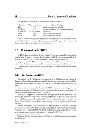64                                                   Partie 5. Le système d’exploitation

         Les systèmes d’exploitation les plus répandus sont les suivants :
          Système          Type de machine                  Caractéristiques
         DOS                      PC          simple, répandu, peu puissant.
         Windows                  PC          interface graphique, très répandu, peu ﬁable.
         Window NT          PC, qq stations   multi-tâche.
         VMS                     Vax          multi-tâche, ﬁable, ancien.
         UNIX                    Tous         multi-tâche, ﬁable, ﬂexible.
    Dans ce cours, nous nous concentrerons sur les ordinateurs PC fonctionnant avec le
système DOS. C’est un système très peu puissant, qui n’offre que le strict minimum de
fonctionnalités. De ce fait, il est relativement simple.



5.2          Présentation du BIOS
    Le BIOS (Basic Input Output System, système d’entrées/sorties de base) constitue la
couche basse de tous les systèmes d’exploitations sur PC. Il est donc responsable de la
gestion du matériel : clavier, écran, disques durs, liaisons séries et parallèles.
    Le programme du BIOS se trouve en mémoire morte (ROM), c’est à dire dans une
mémoire gardant son contenu lorsque l’on interrompt son alimentation électrique2 .
    Chaque modèle de PC est vendu avec une version du BIOS adapté à sa conﬁguration
matérielle.


5.2.1         Les fonctions du BIOS
     Du point de vue de l’utilisation, on peut considérer le BIOS comme une librairie de
fonctions. Chaque fonction effectue une tâche bien précise, comme par exemple afﬁcher
un caractère donné sur l’écran. L’appel de l’une de ces fonctions constitue un appel sys-
tème.
     On pourrait envisager que les fonctions du BIOS soient simplement des procédures,
que l’on appellerait avec l’instruction CALL en passant les paramètres nécessaires. Ce
n’est pas le cas, le mécanisme d’appel est différent.
     En effet, il a été prévu de pouvoir modiﬁer le comportement du BIOS en cours d’uti-
lisation, par exemple pour gérer un nouveau périphérique ou pour modiﬁer la gestion
d’un périphérique existant. Le code du BIOS étant en mémoire morte, il n’est pas modi-
ﬁable. De plus, le BIOS étant différent d’un ordinateur à l’autre, les adresses des fonctions
changent...
     Prenons un exemple : soit la “fonction” du BIOS afﬁchant un caractère (donné par
son code ASCII) sur l’écran. Supposons que sur notre PC, la première instruction de cette
“fonction” soit à l’adresse F1234560H. Sur le modèle d’une autre marque de notre voisin,
cette même fonction pourrait être implantée à l’adresse F1234550H.
     2
     En fait, le BIOS est souvent en mémoire EEPROM ou FLASH, aﬁn de pouvoir le remplacer
plus facilement.

E. Viennet - GTR - v1.2d
 